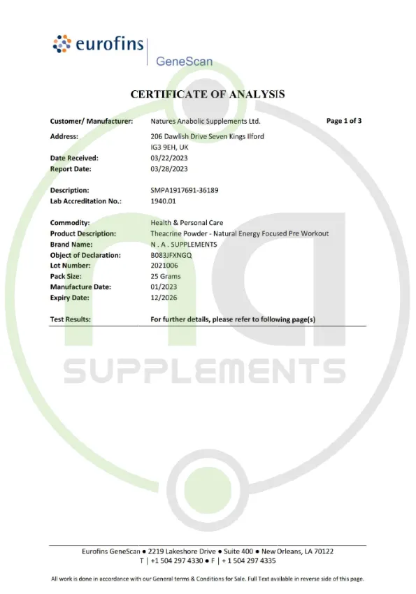 certificate of analysis hplc testing by eurofins of theacrine powder natural energy focused pre-workout p1