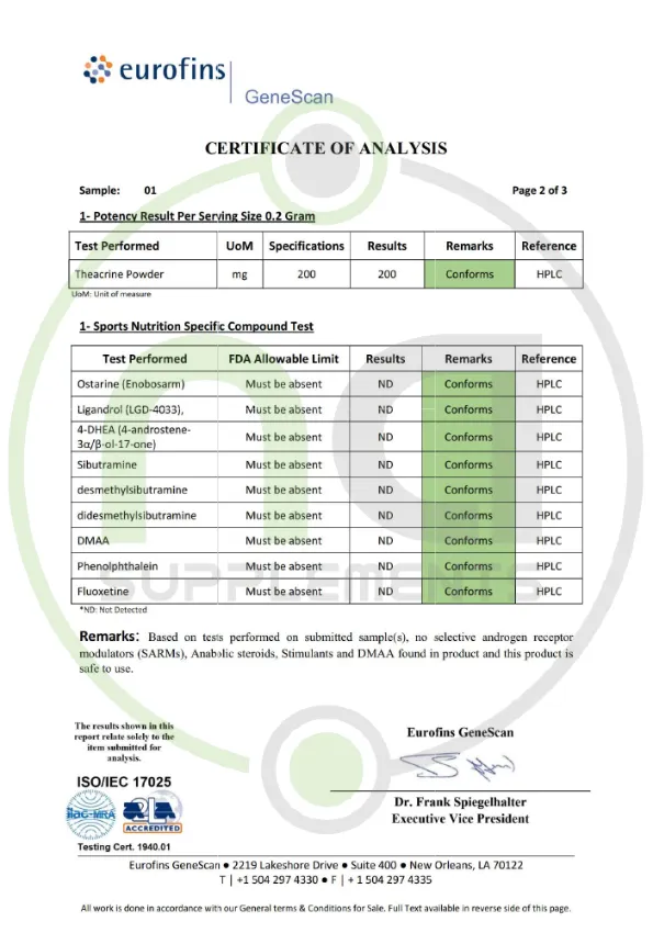 certificate of analysis hplc testing by eurofins of theacrine powder natural energy focused pre-workout p2