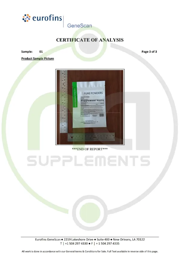 certificate of analysis hplc testing by eurofins of theacrine powder natural energy focused pre-workout p3