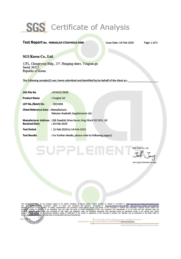 image of test report certificate of analysis for malaysian ginseng page 1