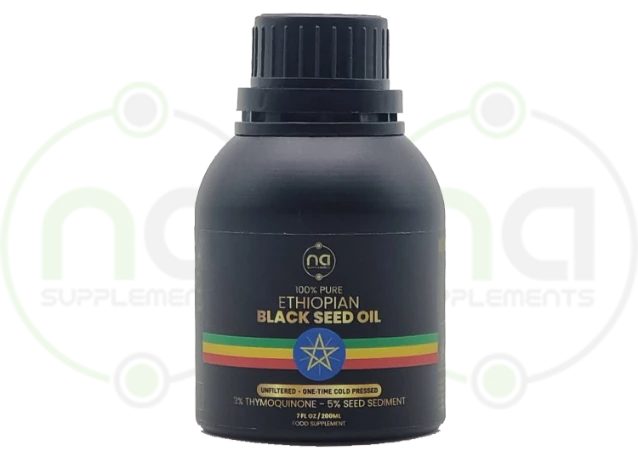 image of pure ethiopian black seed oil inside 100% uv resistant aluminium bottle with na supplements branding