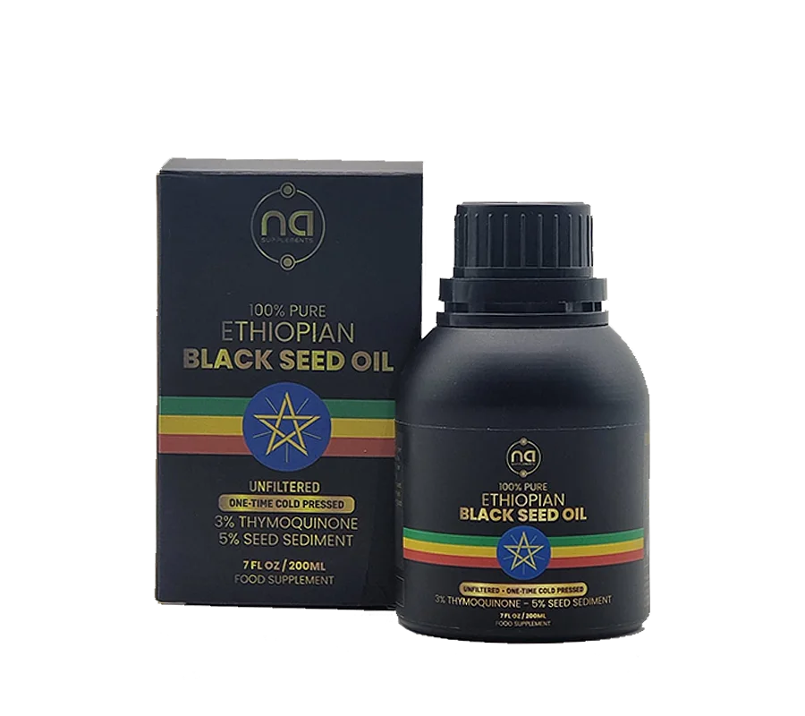 pure ethiopian black seed oil 200ml bottle product graphic with product case cold pressed 3% tq