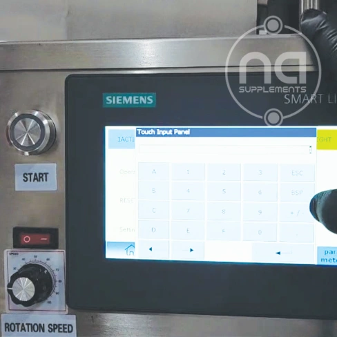 close-up of single discharge chute siemens 7-inch screen and control panel with vibration speed dial