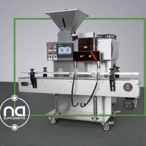 fully automatic pill counting machine stainless steel with twin discharge chutes integrated conveyor belt and dark green shaded border and na supplements logo