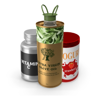 3d olive oil bottle and vitamin c bottle and yogurt container all with product labels