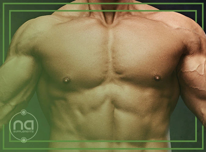 close-up of shirtless muscle man with arms out behind na supplements logo