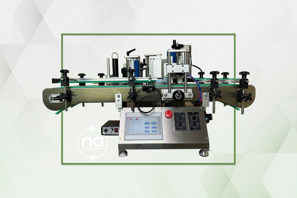 label applicator automatic machine delivered to the uk with professional border and na supplements logo
