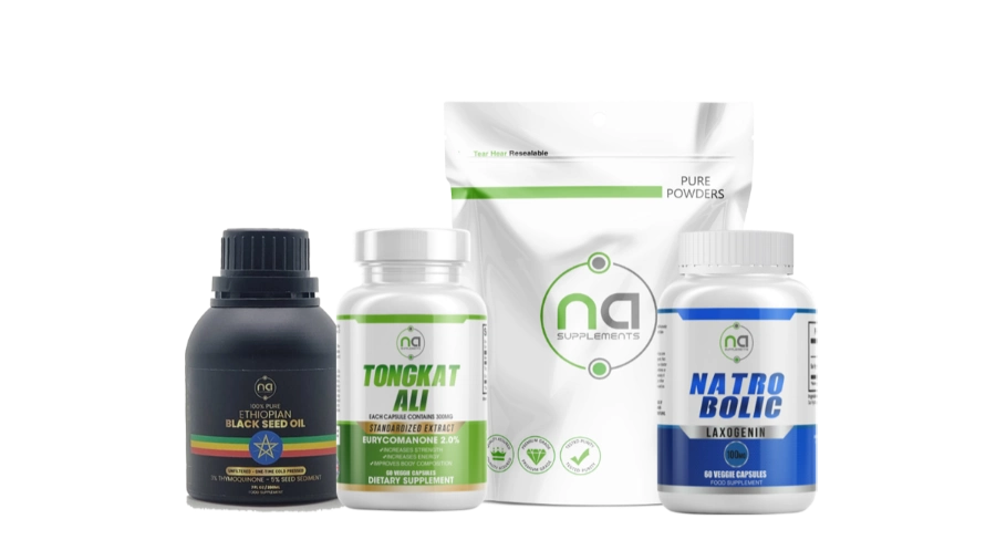 herbal anabolic supplements tongkat ali & natrobolic laxogenin 60 capsules bottles & ethiopian black seed oil